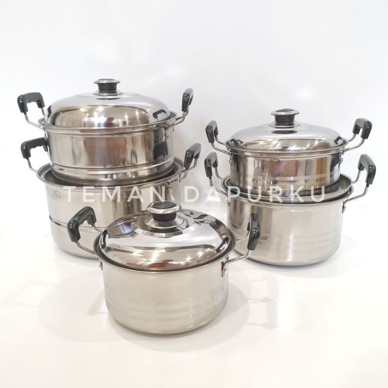 Panci Tutup Stainless & Steamer Set / American style pot isi 5 (size 16-24cm) - Saito 555
