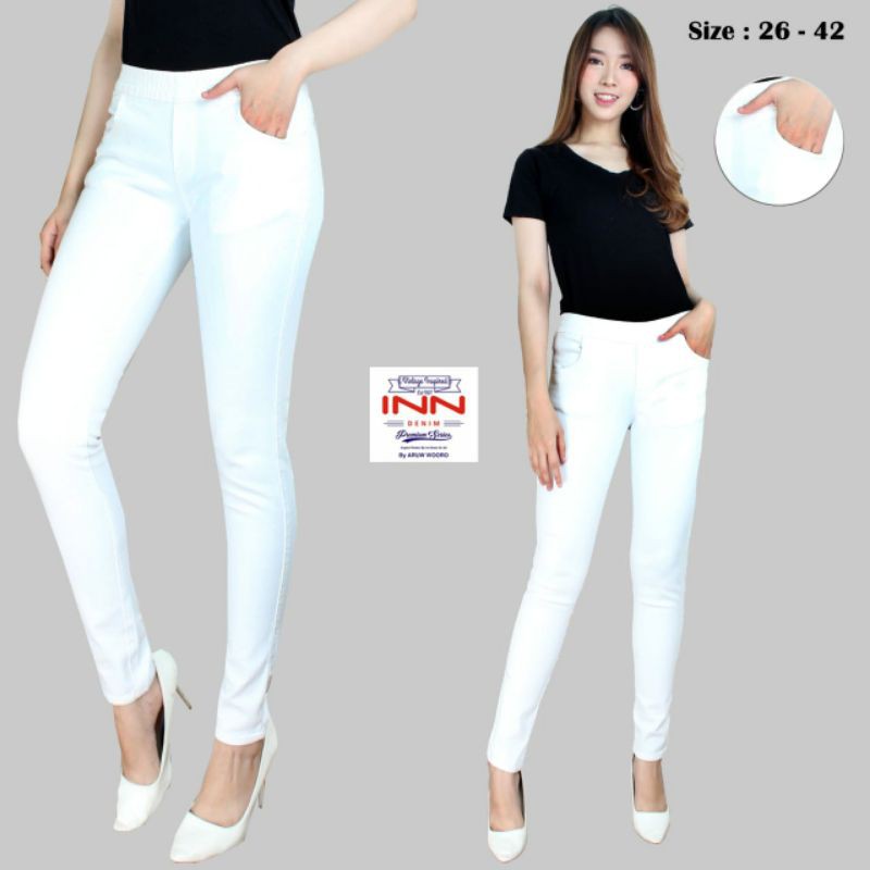 Celana Jeans Wanita Warna Putih Pinggang Karet INN DENIM Legging Jeans Polos Fashion Terbaru Jegging