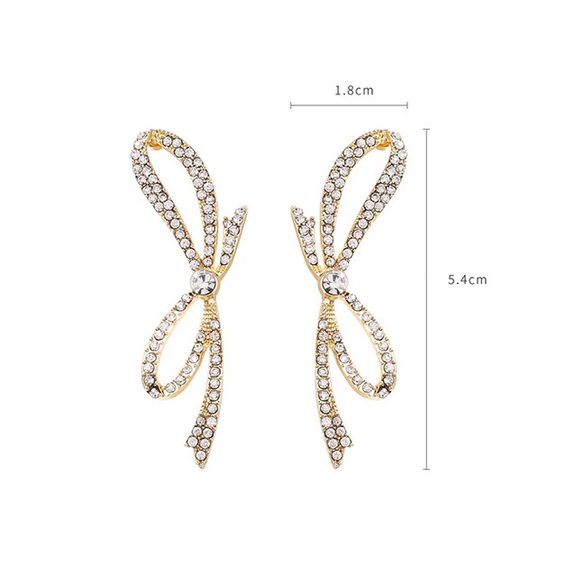 LRC Anting Tusuk Fashion Golden Rhinestone Bow Irregular Earrings D82466