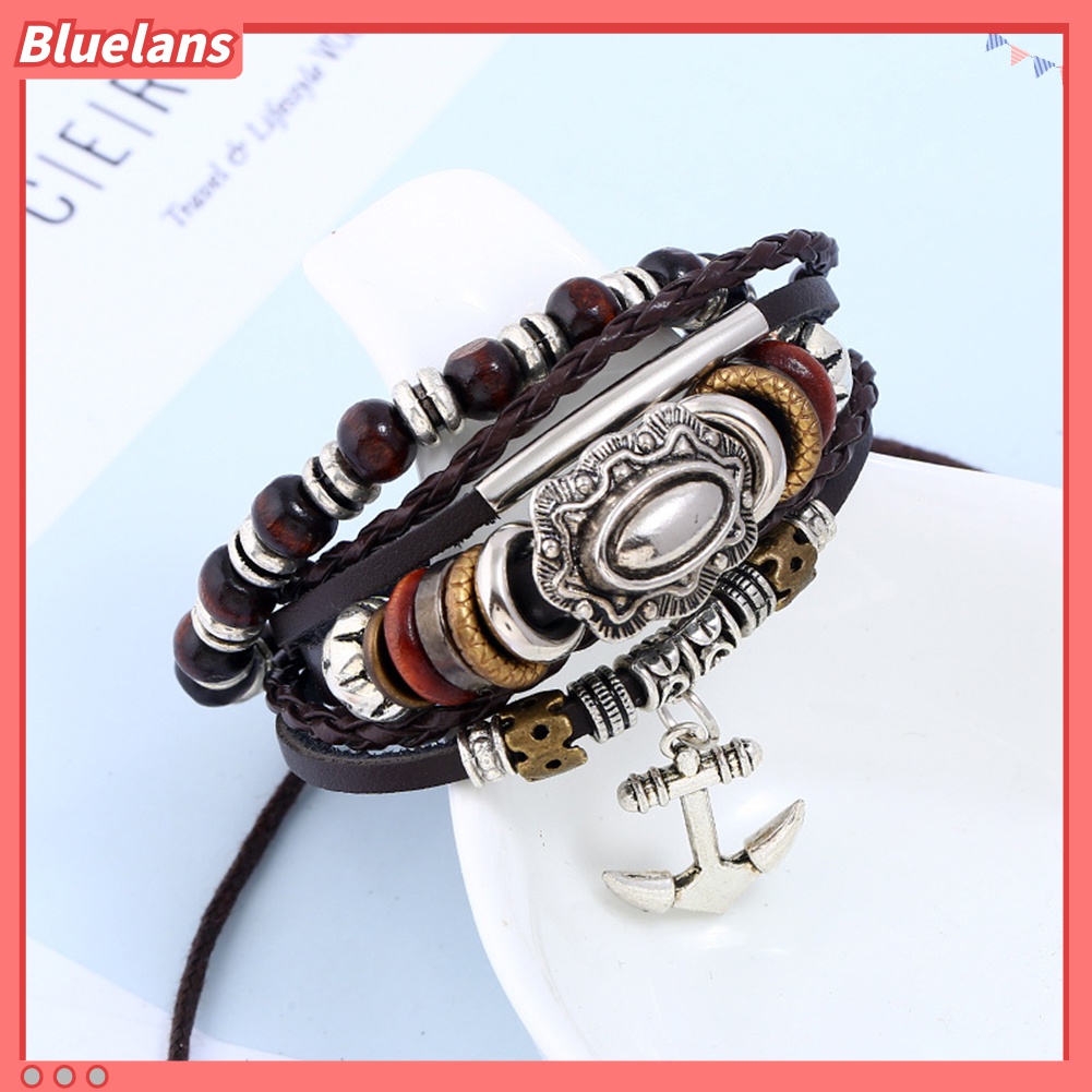 Gelang Tali Kepang Multilayer Bahan Kulit Aksen Manik-Manik Jangkar Untuk Unisex