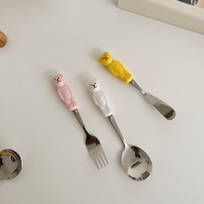 BEAR CUTLERY Sendok Garpu Pisau Makan Aesthetic Korean Homecafe Props Foto Alat Makan Gambar Beruang Peralatan Makan Korea Lucu Teddy Bear