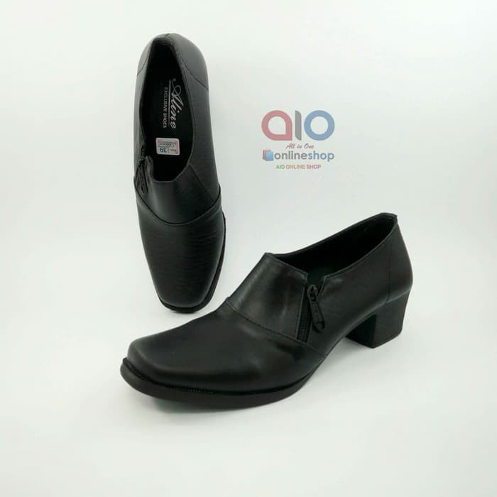 ALINE AW14 Sepatu Pantofel Wanita Resleting Hak 5 Cm Formal Zipper Hitam Polwan Kowad Dishub
