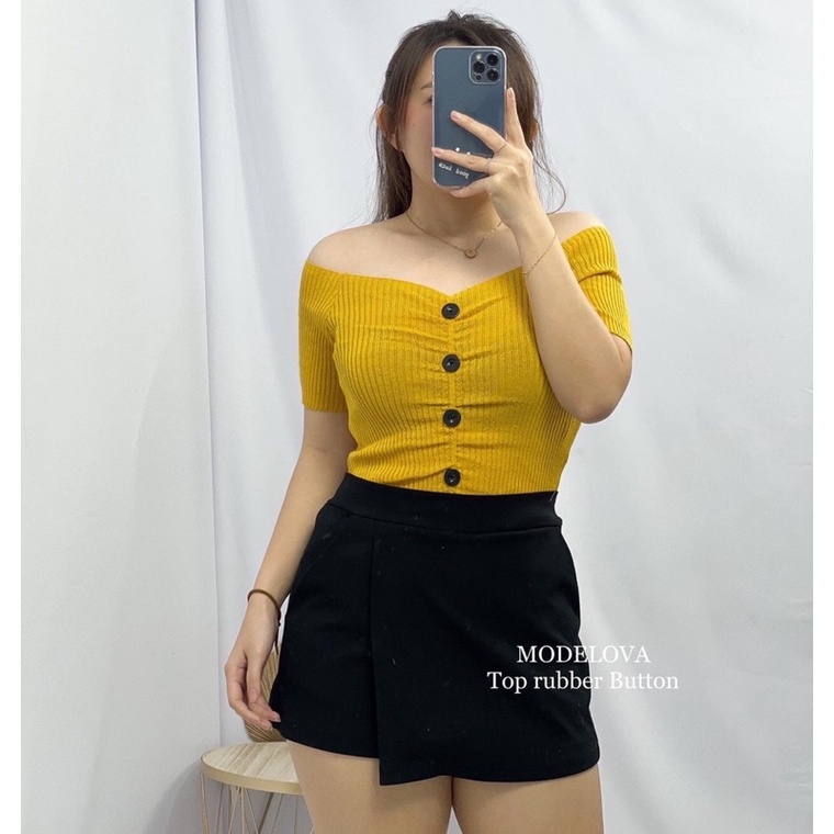 MDLV ~ BAJU RAJUT TOP RUBBER BUTTON ATASAN RAJUT LENGAN PENDEK CEWEK CROP TOP BUTTON FASHION WANITA