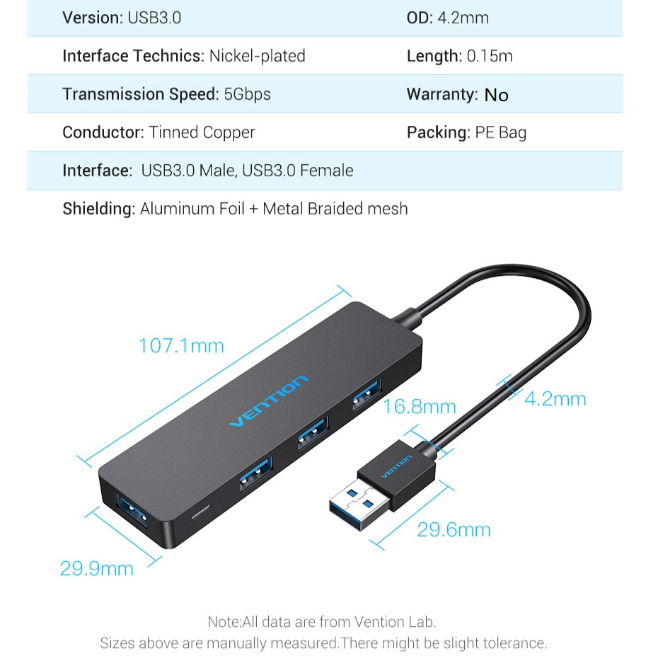 Vention Hub 4 Port Usb 3.0 Ultra Slim Kecepatan Tinggi Untuk Notebook / Pc