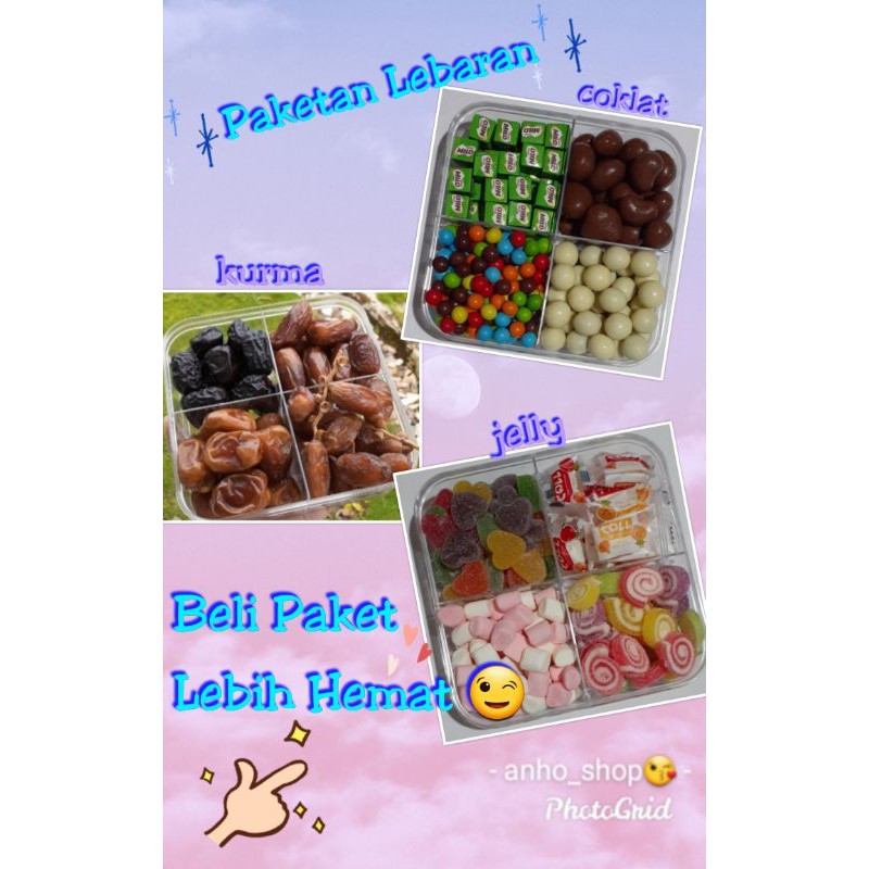 

Paketan Lebaran/parcel lebaran isi 3 paket toples coklat, jelly, & kurma.