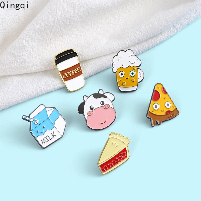 Bros Pin Enamel Desain Kartun Makanan Susu Kopi Bir Sapi Sandwich Pizza Untuk Ransel Topi Kemeja