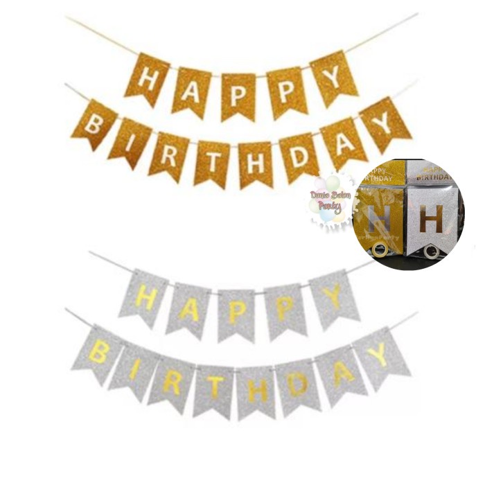Banner Happy Birthday / Bunting Flag Ulang Tahun Glitter - silver