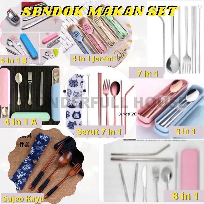 Alat Makan Set Paket Sendok Stainless Garpu Sendok Sumpit Sikat Sedotan Pembersih