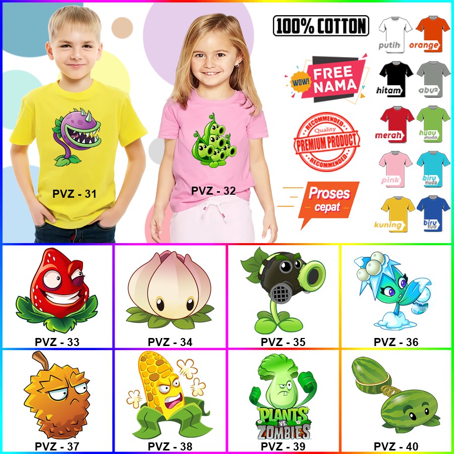 Baju Kaos ANAK DAN DEWASA PLANTS VS ZOMBIES COUPLE (FREE NAMA)