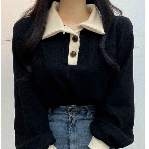 Sweater Wanita | Collar Girl Sweater Korean Style | Sweatshirt Sweater Wanita