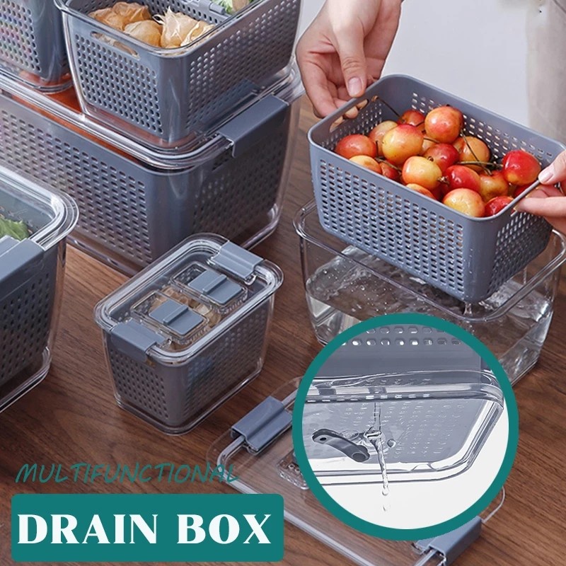 Toples Penyaring Ukuran Medium Kotak Penyimpan Makanan Kulkas Keranjang Box Container Kontainer Peyimpanan Penyaring Strainer Cuci Sayur Buah - Medium