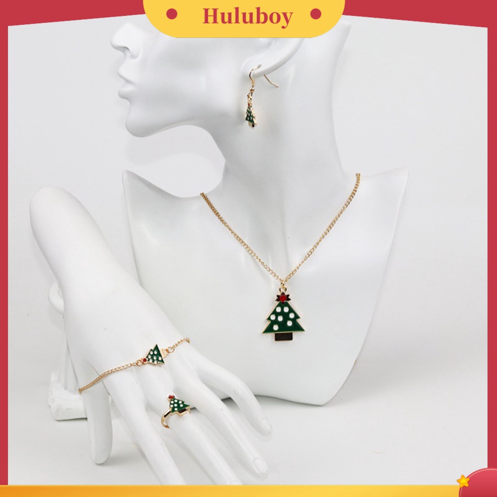 Hu Hu Hu Hu Hu Alat Bantu Pasang Kacamata♡ 4pcs / Set Perhiasan Kalung Anting Cincin Gelang Liontin Rusa Natal Warna Terang Bahan Alloy