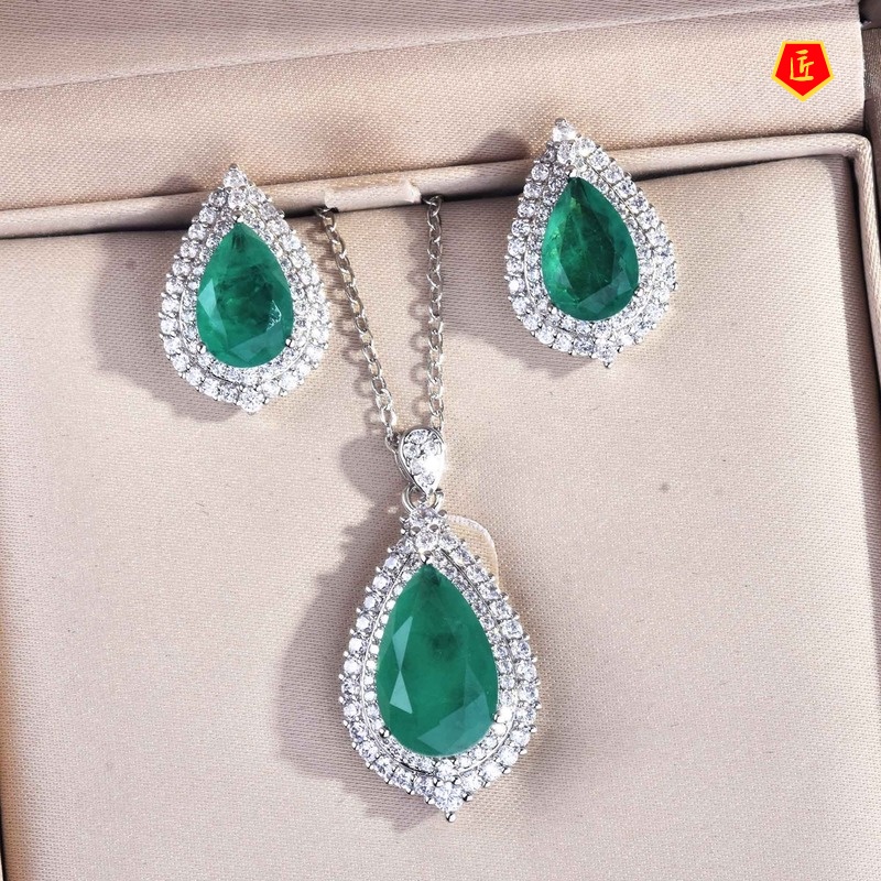 [Ready Stock]Luxury Emerald Pendant Necklace Ear Stud Set