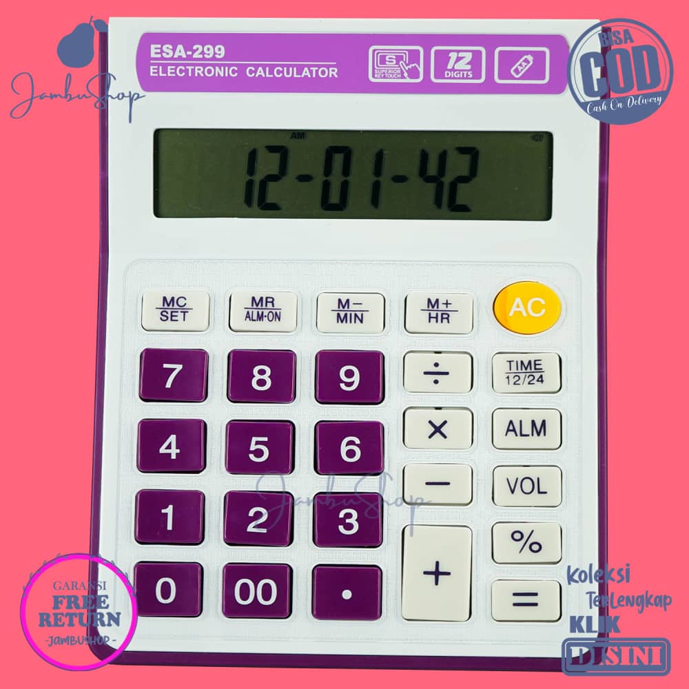 

Kalkulator Basic Calculator Minimalist Awet Hijau, Biru, Ungu Esa 299 Dilengkapi Jam Dan Alarm