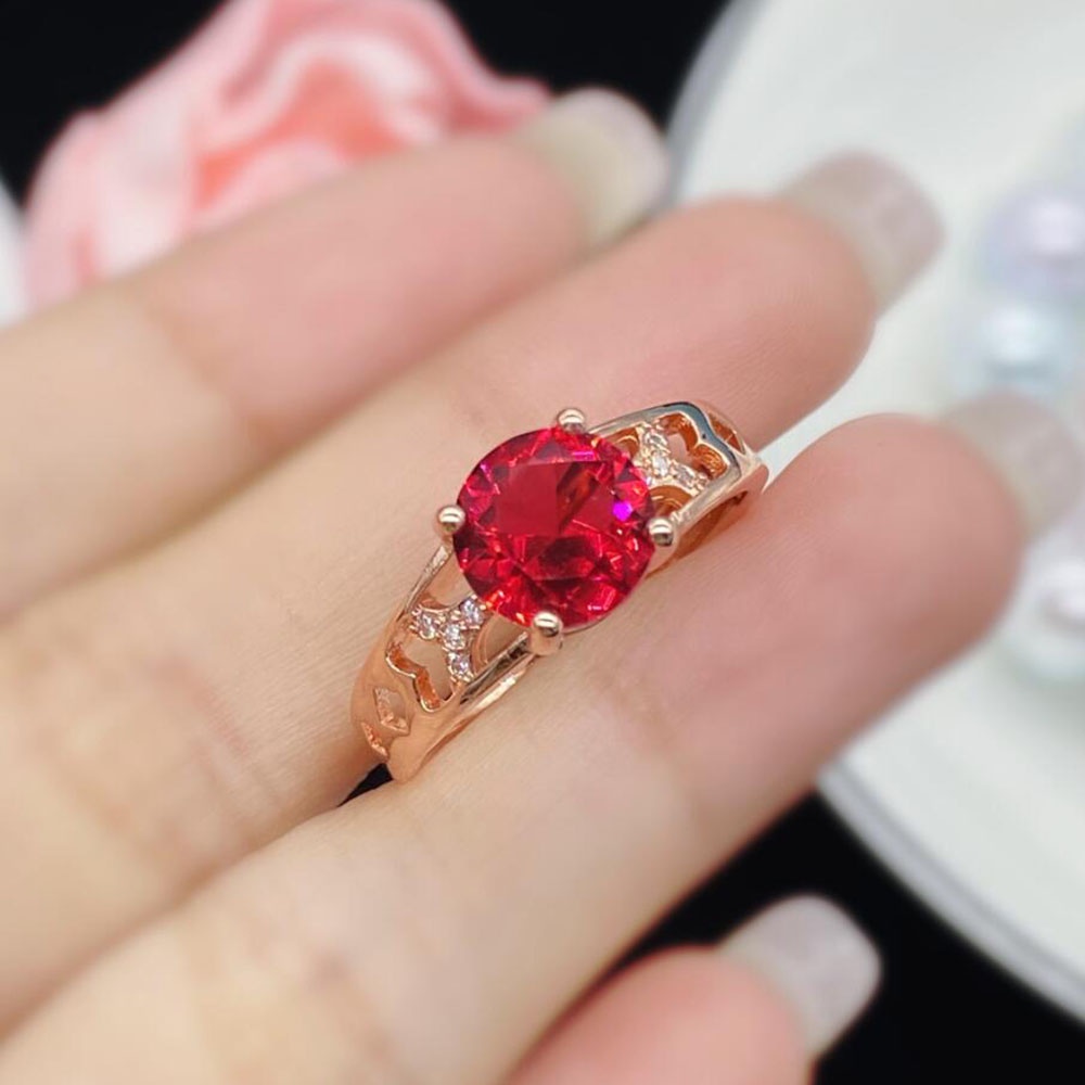 Wanita Ring Merah Zirkon Mawar Emas Baja Titanium Rubi Berlian Keterikatan Pernikahan Cincin Perhiasan