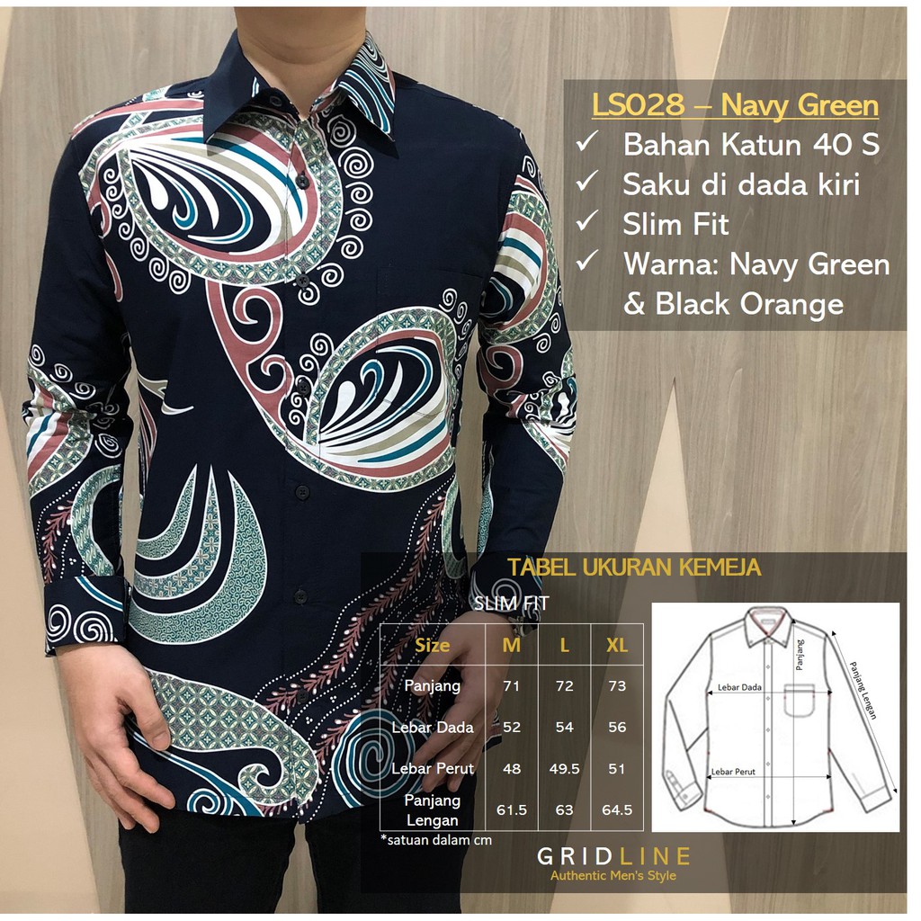 [GRIDLINE - LS074 Chestnut Navy &amp; LS028 Navy Green] Kemeja Batik Pria Katun Lengan Panjang SlimFit Premium