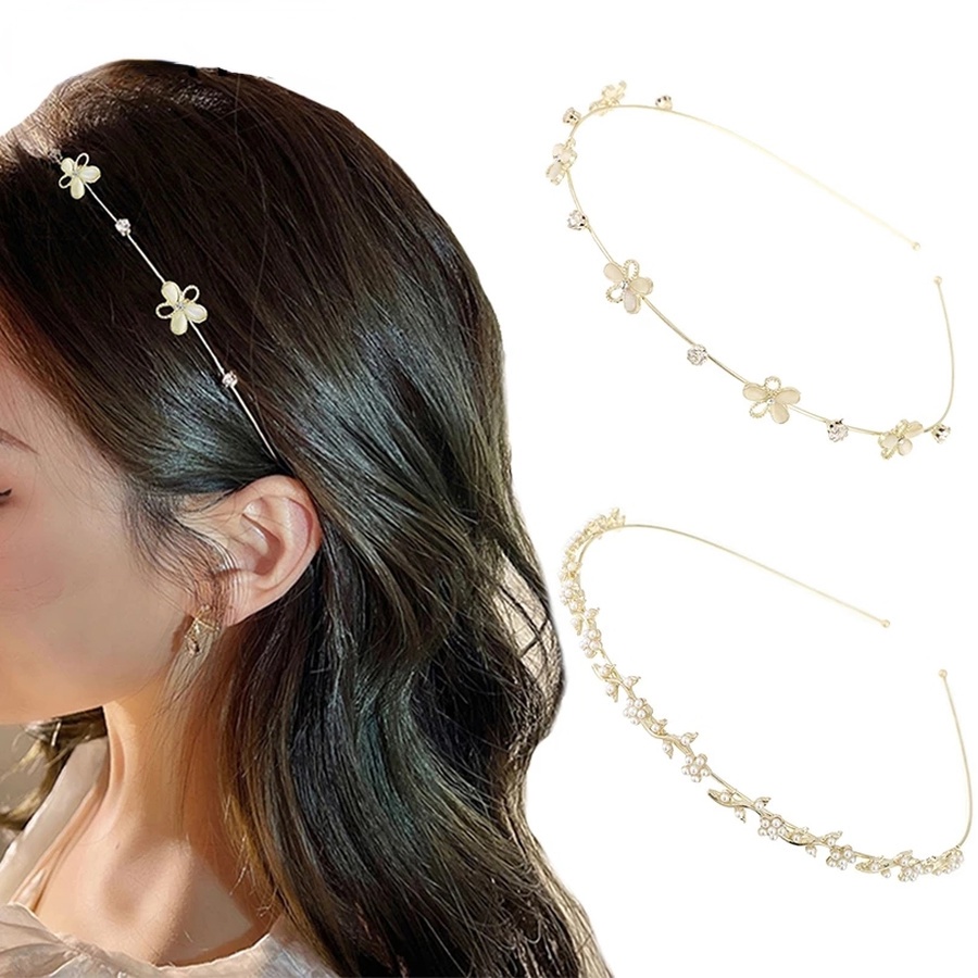 Bando Desain Bunga Aksen Mutiara Dan Berlian Imitasi Bahan Metal Warna Emas Gaya Korea Untuk Wanita