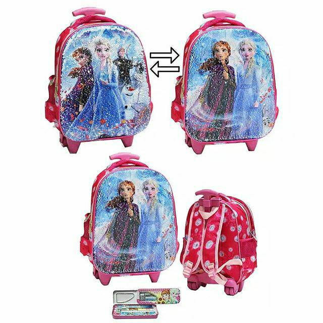 Trolley ransel anak frozen sequin / usap + kotak pensil