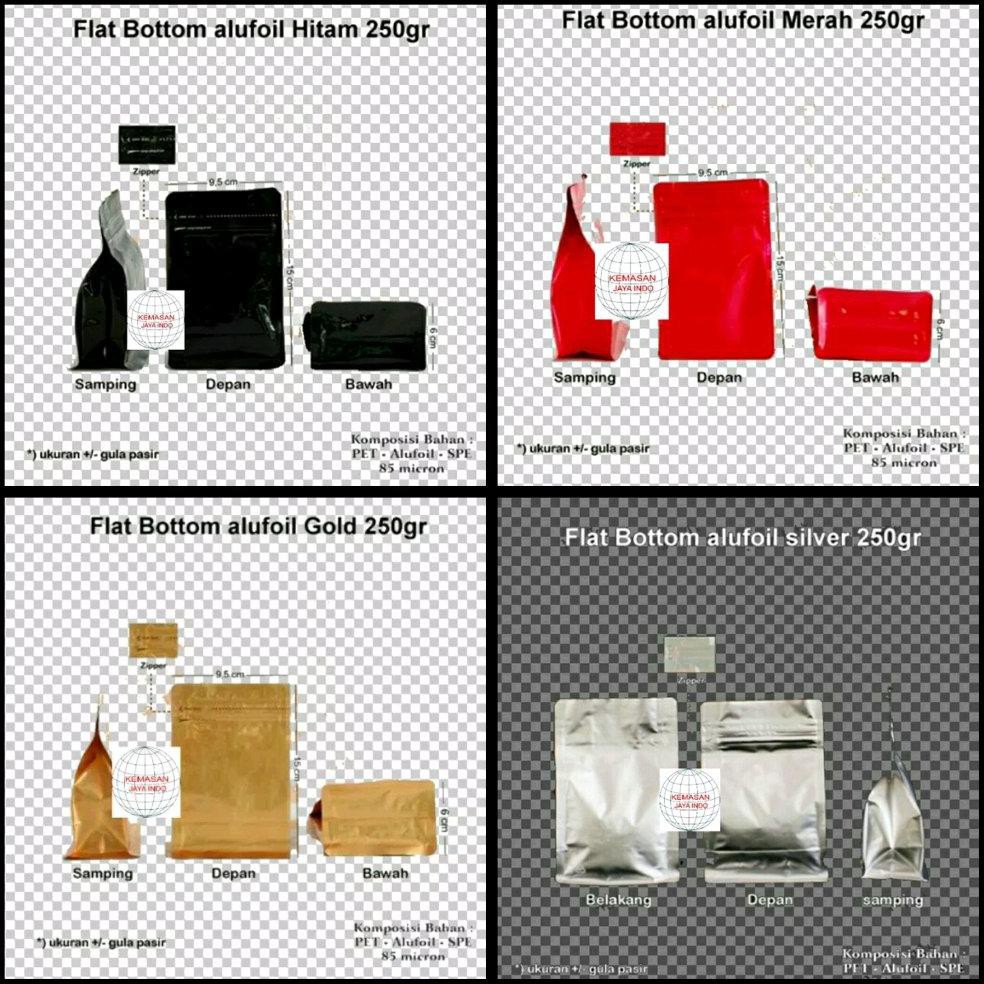 Diskon Kemasan kopi Flat Bottom Alufoil 250 Gram Zipper.Flat bottom hitam.flat bottom gold.flat