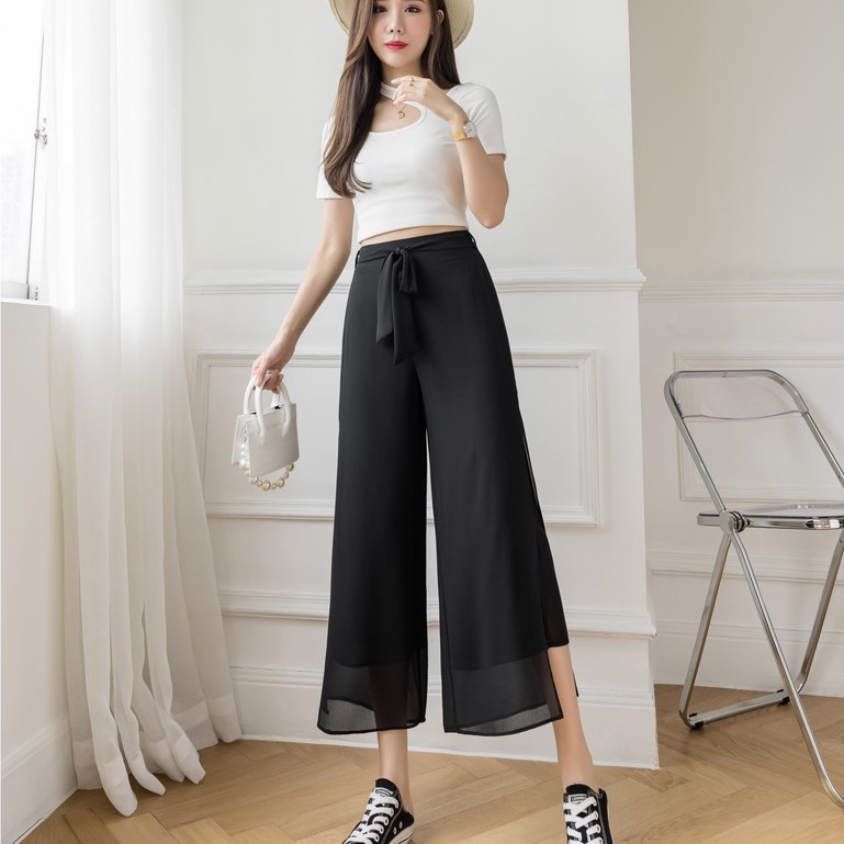 【Blossom】Korean Tie Front Cropped Solid Wide Leg Pants 7257