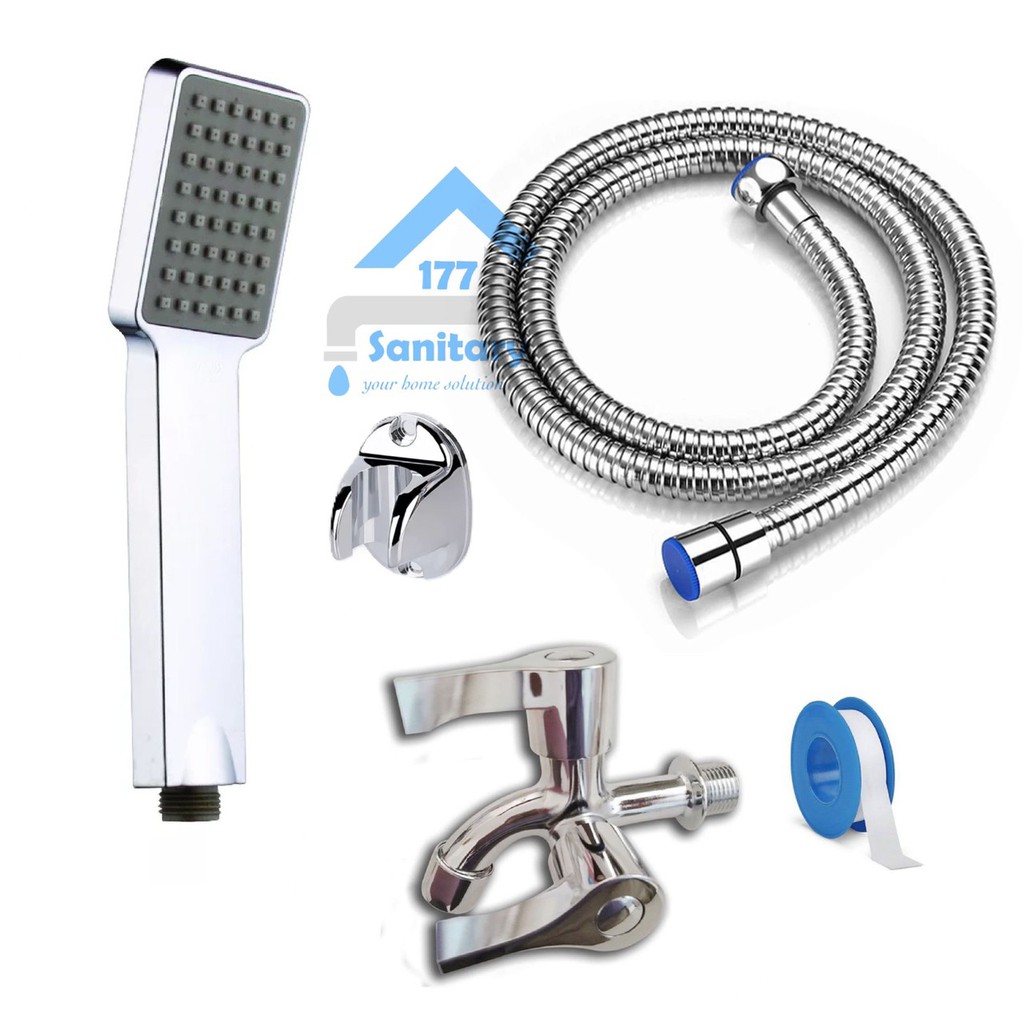 Paket HandShower Set Minimalis KOTAK murah 386 dan kran air cabang stainless - Hand Shower Mandi semprotan air