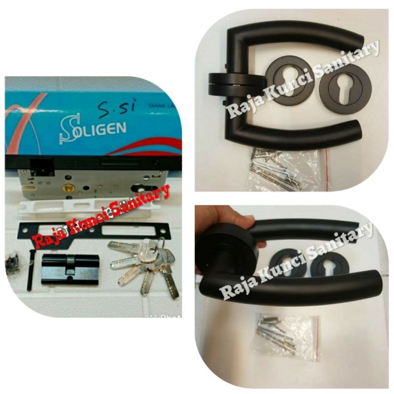 Paket Lengkap Handle Roses Hitam/Black+Kunci Hitam/Black+Cylinder Black Stainless