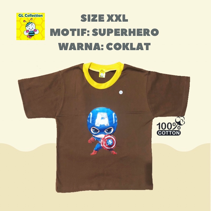 ECER ATASAN PENDEK KAOS OBLONG WARNA ANAK XXL (7-10tahun) SUPERHERO 100%KATUN