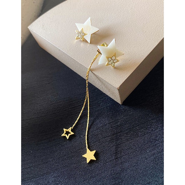 LRC Anting Tusuk Fashion Golden Tassel And Diamond Five-pointed Star Alloy Earrings K88062