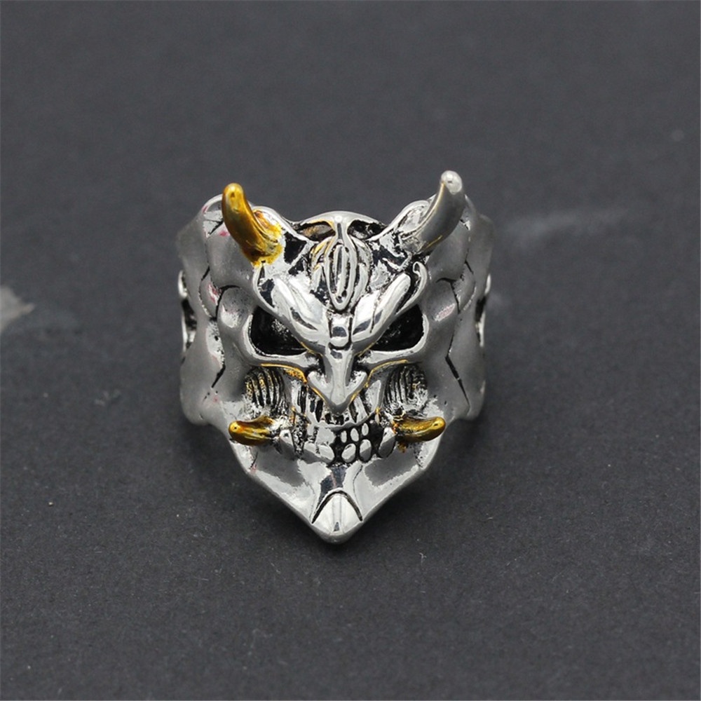 Cincin Model Terbuka Desain Kepala Tengkorak Iblis Gaya Keren Untuk Pria