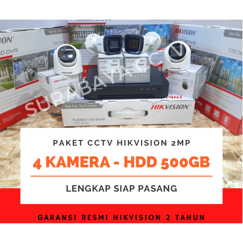 Paket CCTV Hikvision Turbo HD 2MP DVR 4 Channel 4 Kamera Siap Pasang