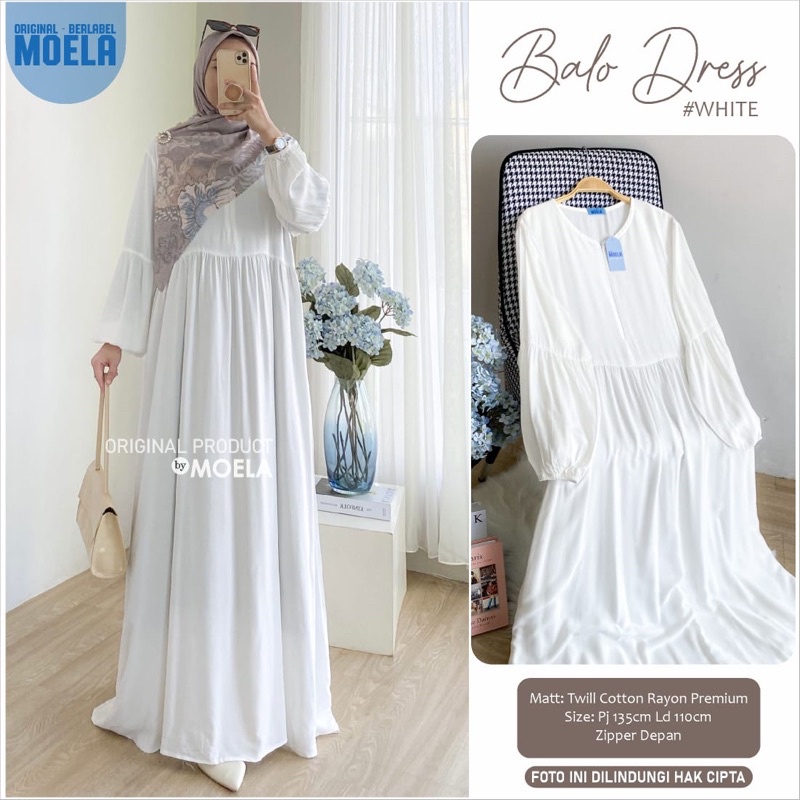 Gamis dress rayon polos Amora/Anse/Celin/Baisa/Biumi/Molin/Ciaji/Jihas/Flate/Tosti/Milly/Tisa/Siuti/Chesa/Fimel/Yapi/Lilci/Balo/Polse/Rensi/Silom/Neta/Rome by Moela berlabel-Balo White