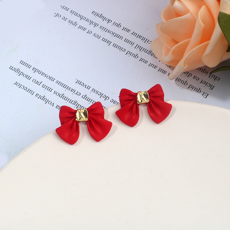 Anting 925 Silver Needle Bentuk Pita Warna Merah Untuk Wanita