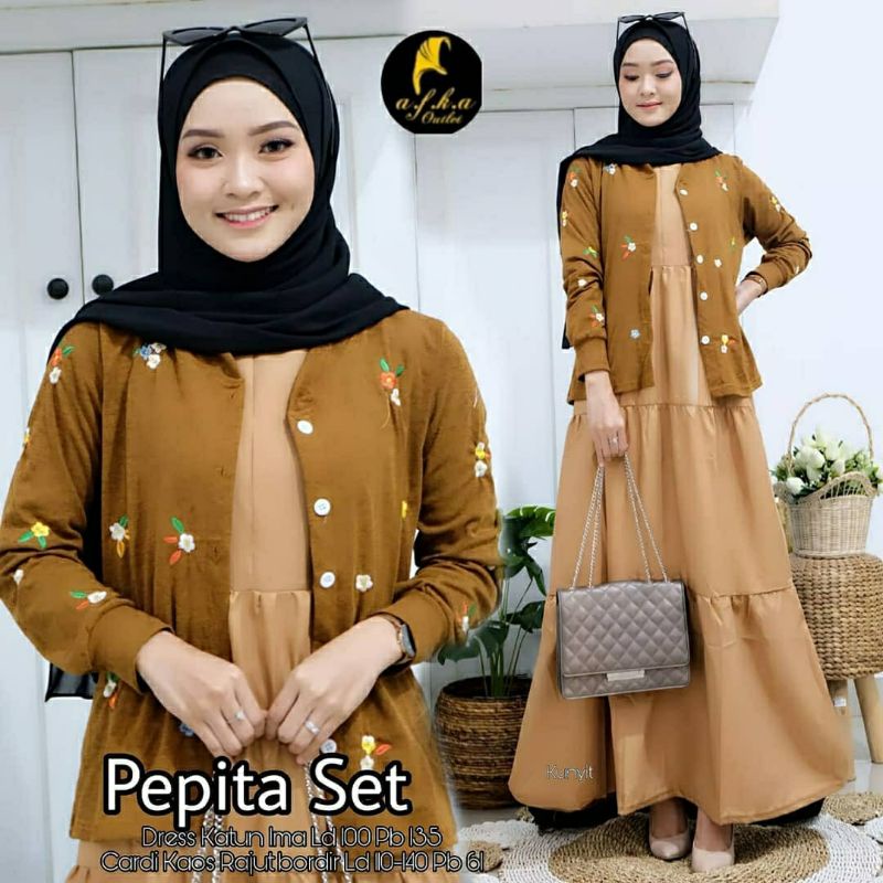 Pepita Set, SETELAN GAMIS &amp; KARDIGAN MUSLIM CANTIK FIT XL TERMURAH TERCANTIK KEKINIAN OOTD MODIS