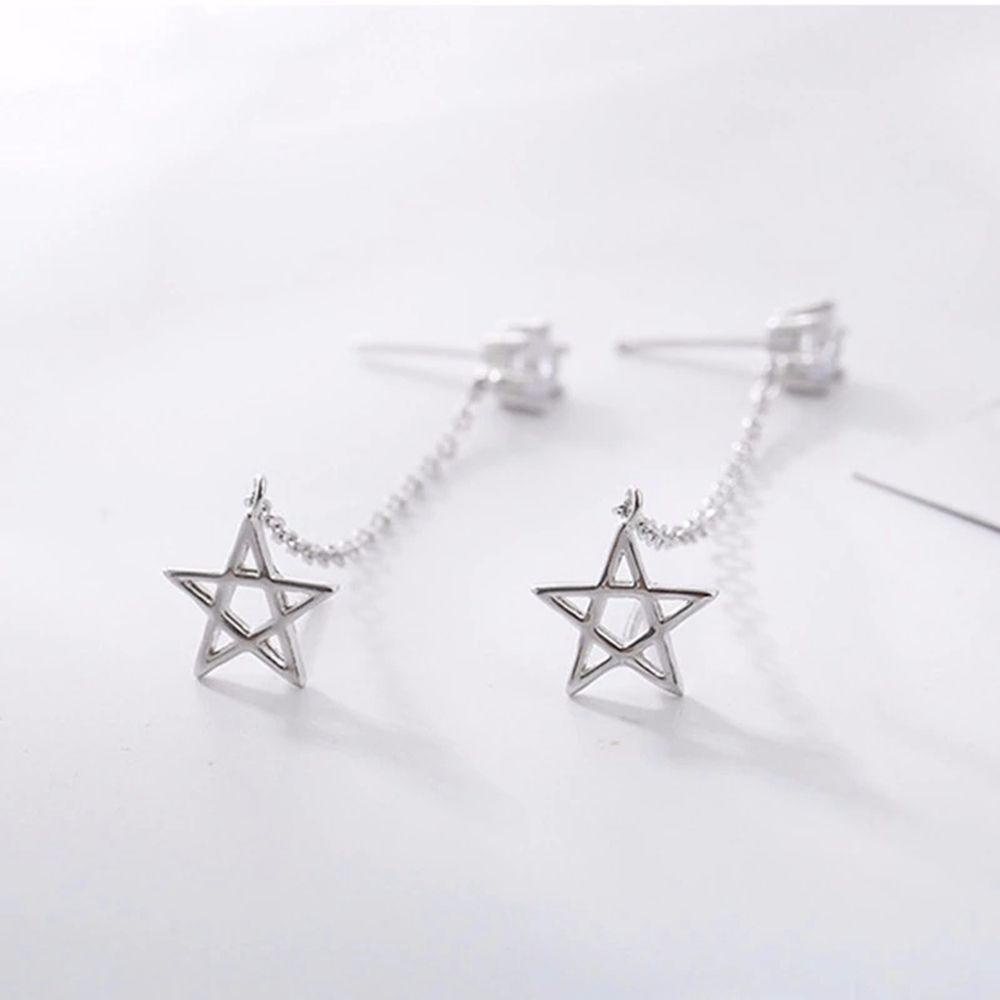 Mxbeauty Anting Rantai Telinga Geometris Sederhana Wanita Bintang Berujung Lima Tembaga Rumbai Link Perempuan Ear studs