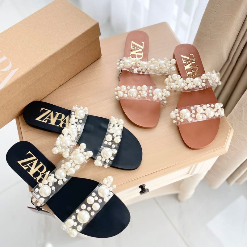 Sandal Zara Flat Mutiara hitam coklat nude putih