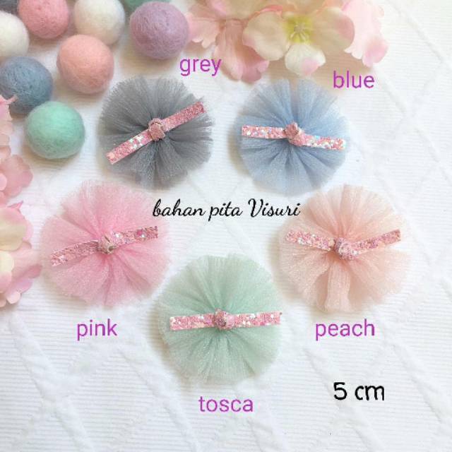 Aplikasi Tulle Bulat Hias Bow Kulit Gliter 5 cm