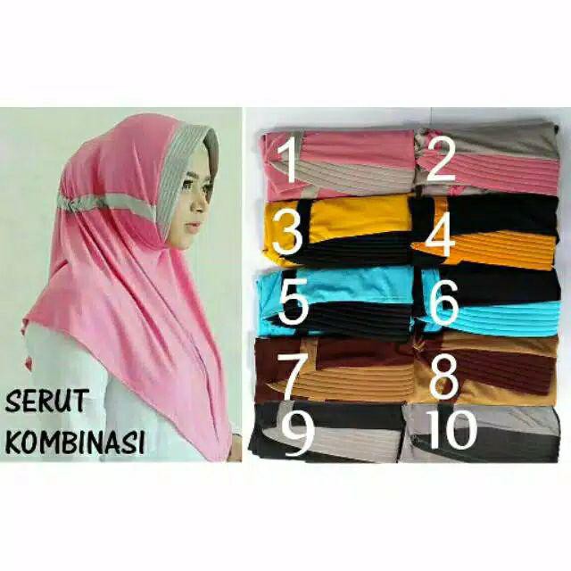 Jilbab/khimar/hijab instan pet serut kombinasi/jilbab serut Jokowi pet antem/serut kombinasi 2 warna