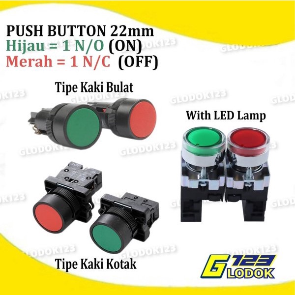 Push Button Tombol Lampu LED 22mm 25mm On Off Merah Hijau Start Stop