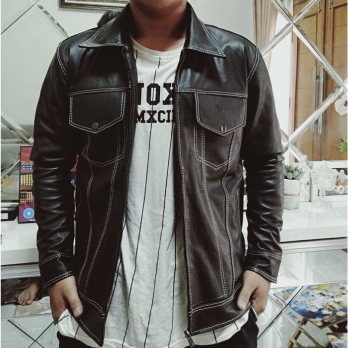 Jaket Kulit Pria LEVIS Jahitan Benang Nylon Timbul Kuat Anti Gores Keren Asli Kulit Kambing 100% Wat