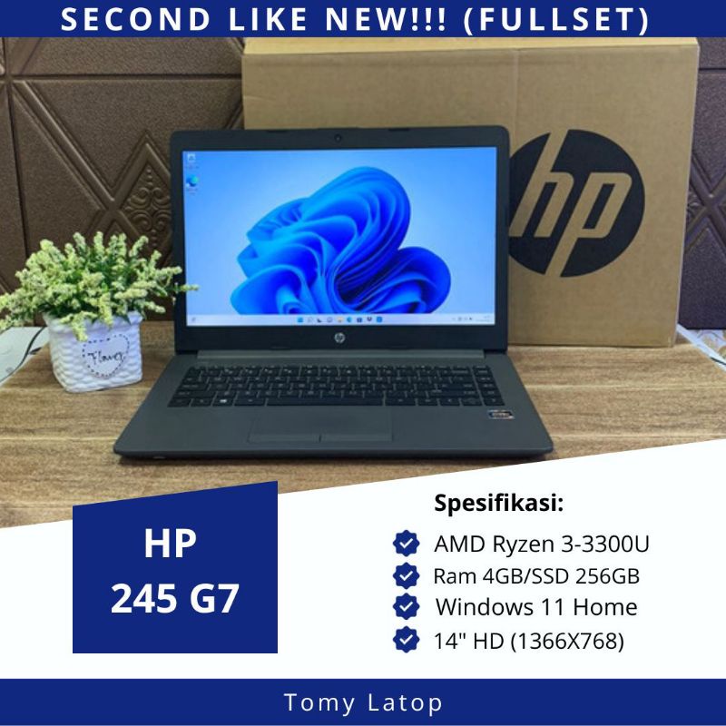 LAPTOL SECOND MURAH LIKE NEW BERGARANSI RESMI HP 245 G7/AMD RYZEN 3/RAM 4GB/SSD 256GB