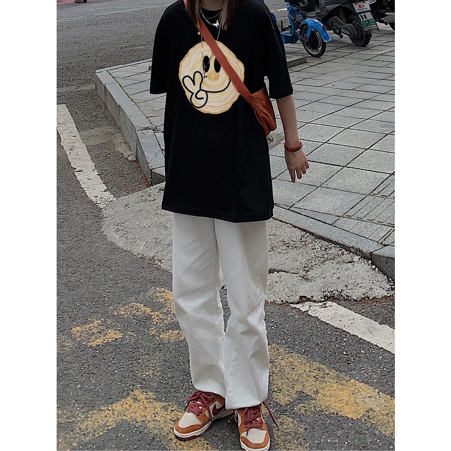 EUNII T-shirt Lengan Pendek Putih Tersenyum Pencetakan Longgar Korean StyleEUNII T-shirt Lengan Pendek Mode Usungan Jenazah Pencetakan Longgar Korean Style/Kaos Atasan Wanita/Baju Kaus Oversize Wanita