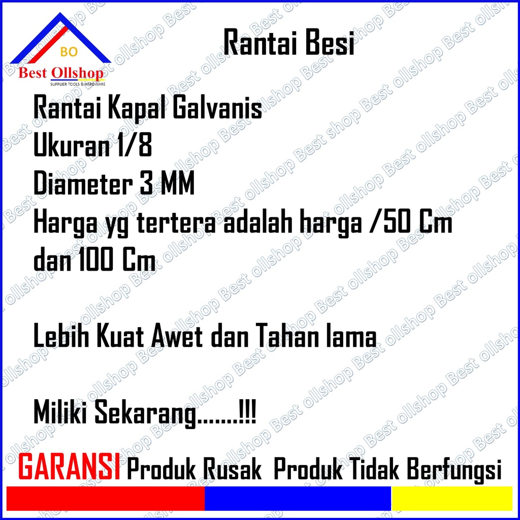 Rantai Besi Kapal 1/8 3 MM / Ranti Kapal Kecil / Harga Rantai Kapal Besi Meteran / Rantai Besi Galvanis 3 mm / Rante Besi 3 mm Eceran per 1 Meter