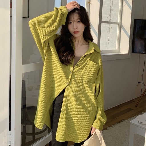 kemeja lengan panjang kaos wanita atasan korean style Crinkle Blouse Import POLO/Oversized Shirt Linen