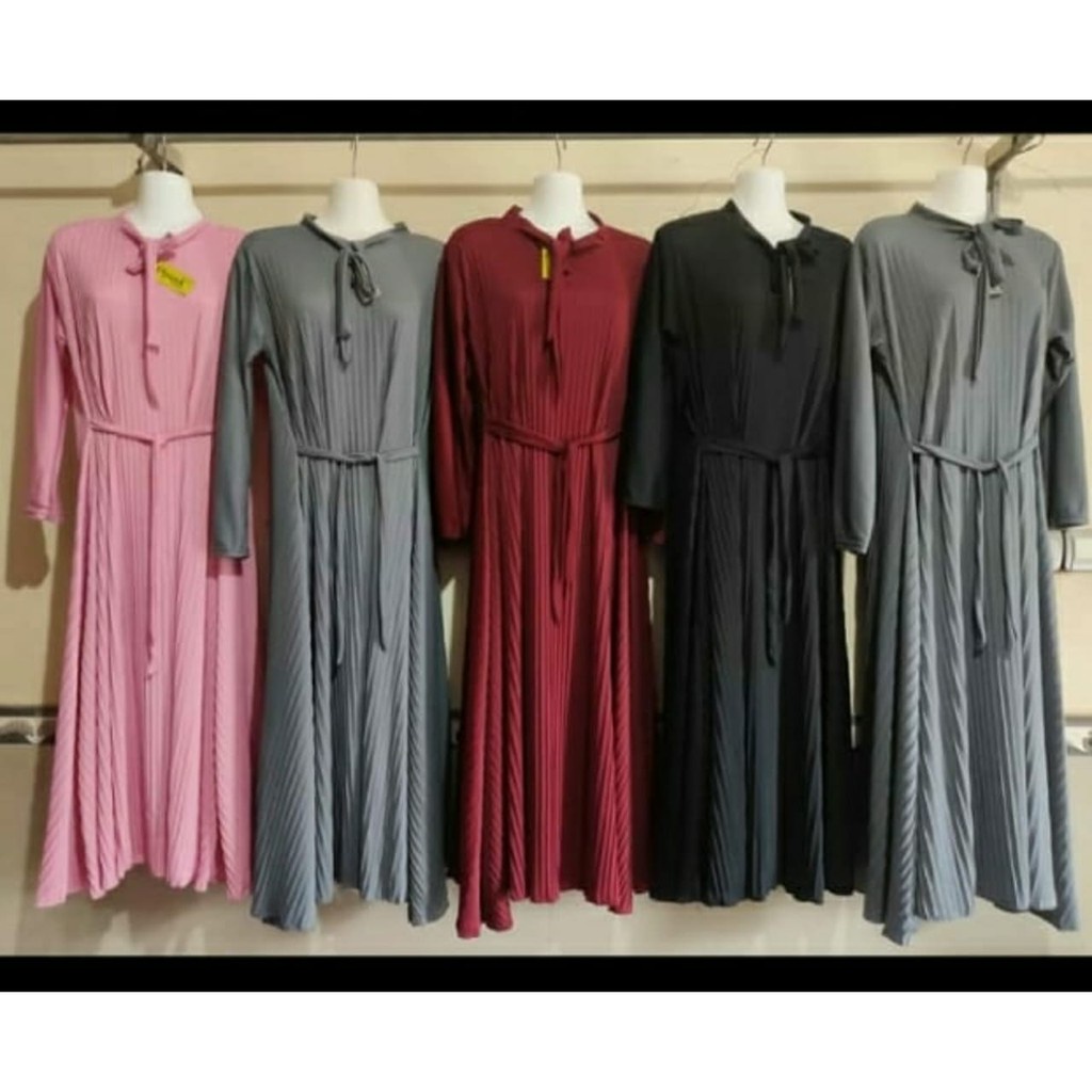 Gamis Plisket Terbaru / Model Tali Pita / Longdress Plisket Lengan Panjang Murah