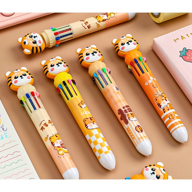 Bolpoin Warna TIGER 10 in 1 / Pulpen 10 Warna / Pena Warna 10in1 / Ballpoint Gel Pen Colorful / Pulpen Karakter Harimau 10 Warna / Pulpen Gel 0,5 mm