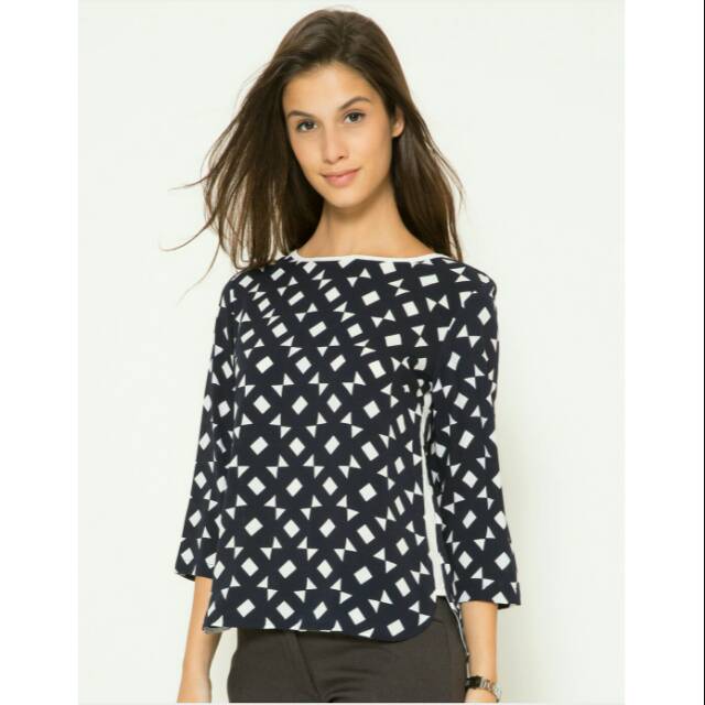 St. Yves Geometric Pattern Zip Blouse - Navy (Size S)
