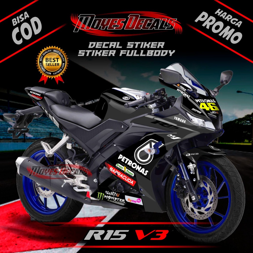 Decal Sticker Yamaha R15 V3 - Motif Petronas Sport Fullbody Black Stiker Decal R15 V3 Petronas Hitam