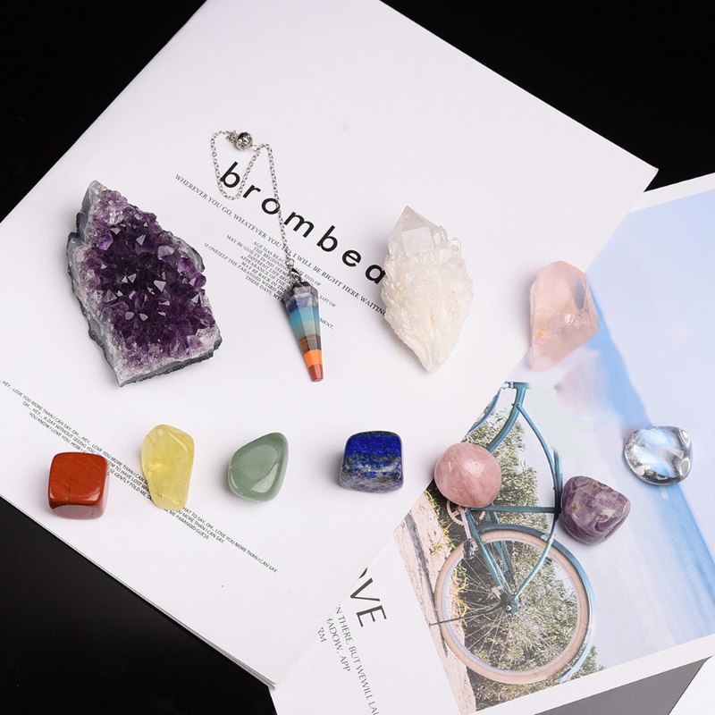 SIY  11Pcs Crystals and Healing Stones Kit With Wood Box 7 Raw Chakra Pendulum Stones