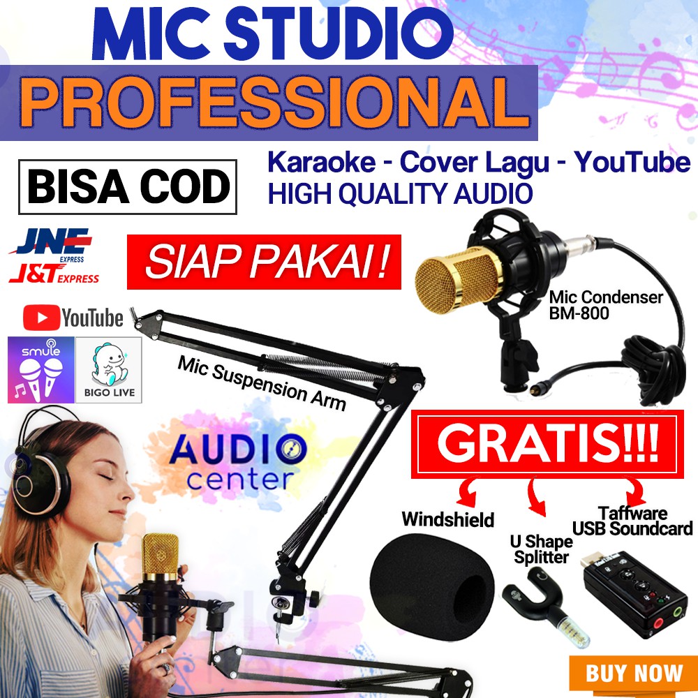 PAKET KOMPLIT SET YOUTUBE STUDIO RECORDING Mic Condenser+Suspension Arm+Sound Card USB+Splitter