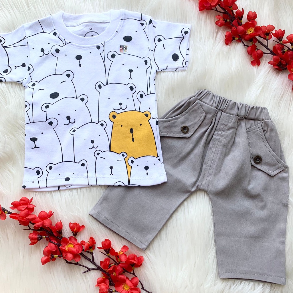 Setelan kaos + celana chino tebal motif lucu kekinian keren fashion anak bayi laki cowok murah -CHO